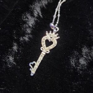 Heart Key Pendant Necklace Rhinestone Silver Tone Cute Crown Cookie Lee